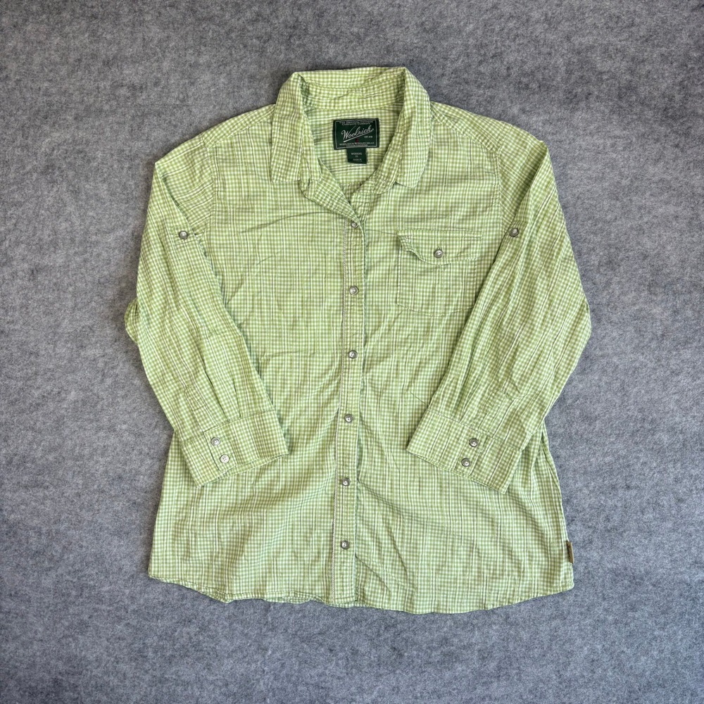 Woolrich Womens XL Green Gingham Plaid Roll Tab Sleeve Button Up Shirt Outdoor